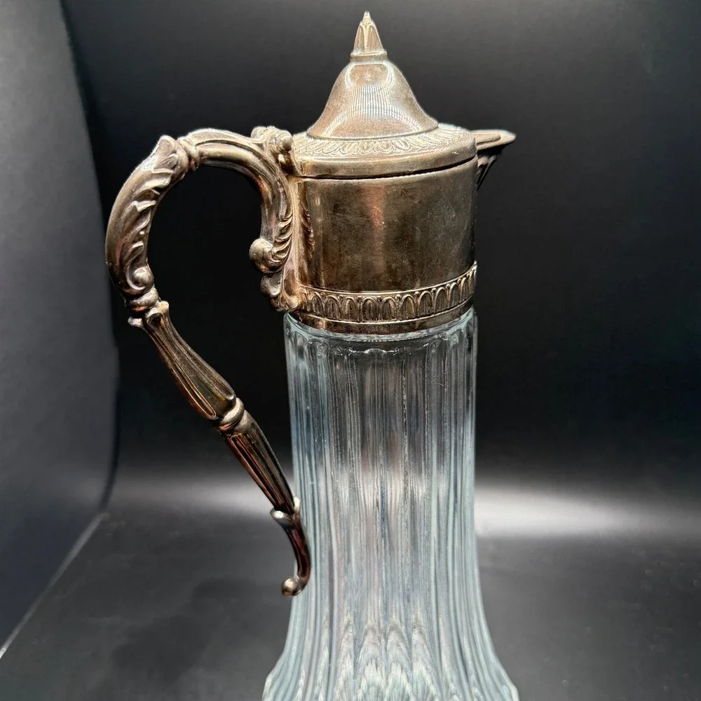 Vintage Silver Plated Glass Claret Jug Ornate Wine Decanter‎ 12 Inch Tall